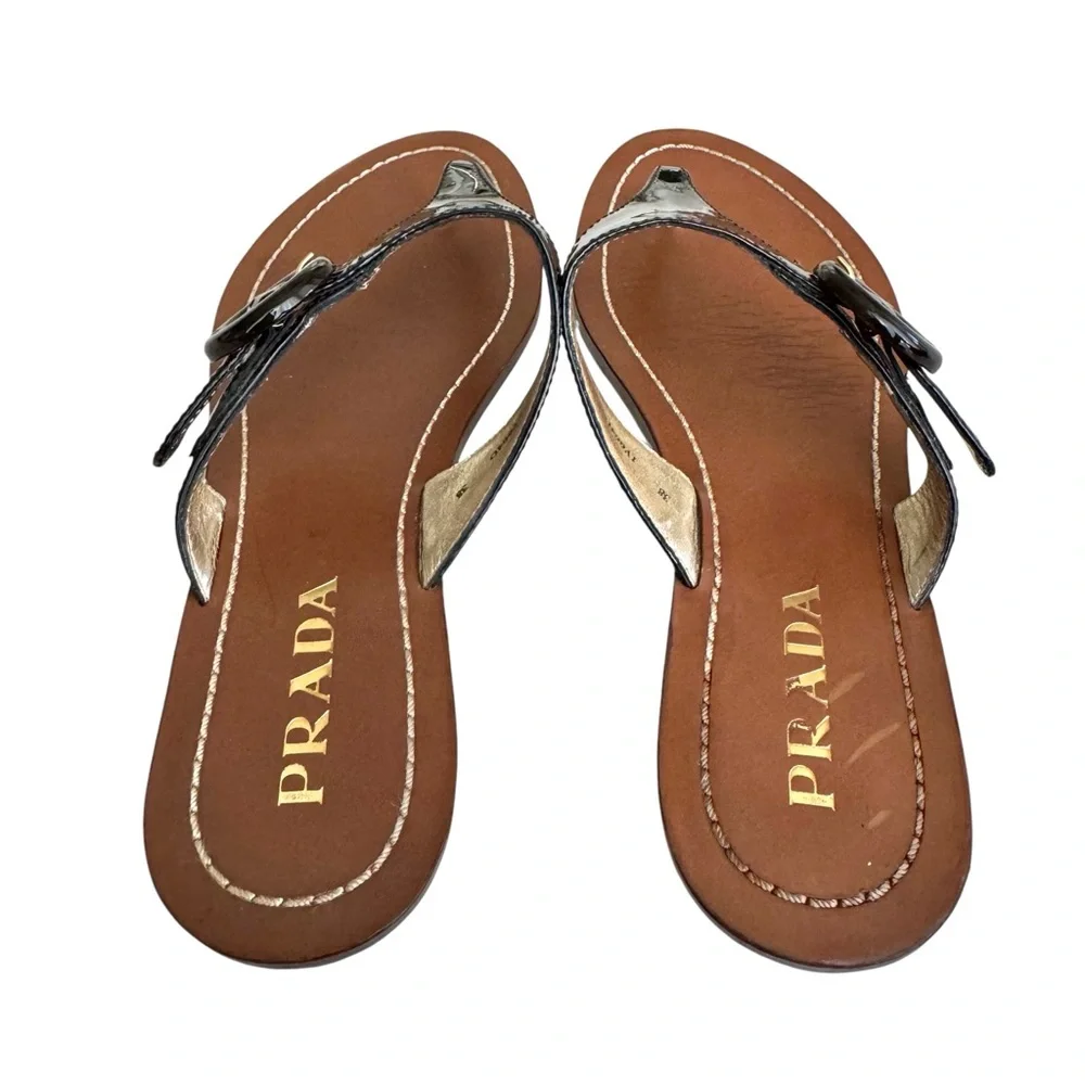 PRADA Black Patent Flat Sandals Leather Thong Slides Women’s 38 - Picture 13 of 17